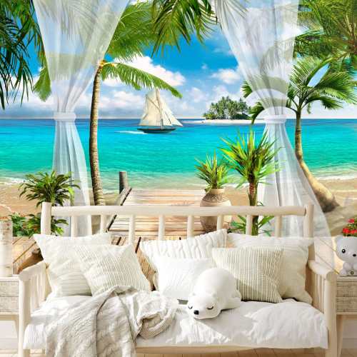 papier peint panoramique adhesif mer plage vacances palmiers 3d photo personnalisable nature tapisserie murale oliprint enfant decoration