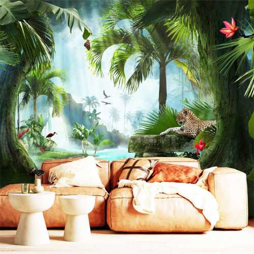 papiers peints panoramique foret tropicale jaguar palmier nature jungle vert bleu orange colore perspective 3d photo mur adhesif déco salon design