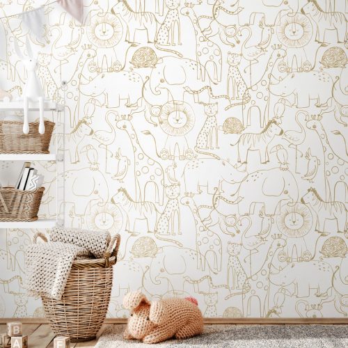 papiers peints adhesif motif ligne animaux singe giraf lion elephant enfant jungle removable murale beige