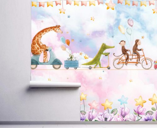 papiers peints adhesif panoramic animaux velo fete singe giraf crocodile enfant rigolo froral ballon removable murale bleu rose