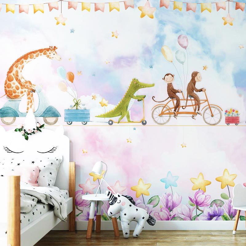 papiers peints adhesif panoramic animaux velo fete singe giraf crocodile enfant rigolo froral ballon removable murale bleu rose