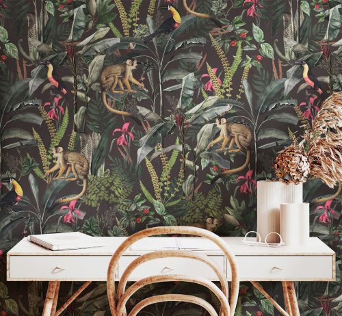 papiers-peints-adhesif-tropicale-personnalisable-feuillage-animaux-fleurs-singe-botanical-tapisserie-murale-bureau-décor-vert-oliprint