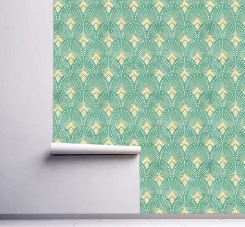 papiers peints art deco arche beige vert evantail murale adhesif design tendente chambre decoration salon bureau
