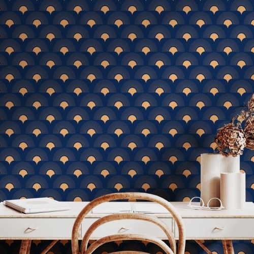 papiers peints art deco evantail beige blue murale adhesif design chic tendente chambre decoration salon bureau