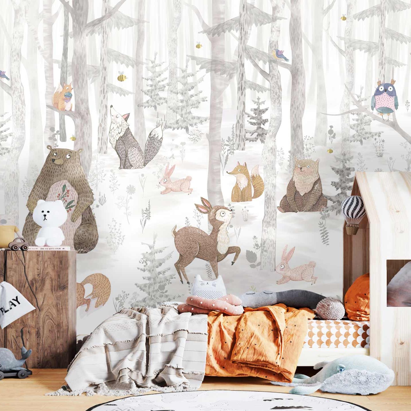 papiers peints adhesif panoramic foret magique l'hiver ours arbres animaux enfant removable murale beige maron blanc