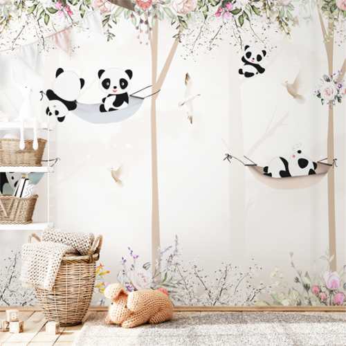 papiers peints beige panoramic foret panda animaux arbres aquarelle graphic removable pre pasted murale auto adhesif inodore ecologique chambre enfant bebe