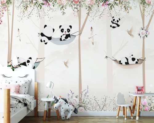papiers peints beige panoramic foret panda animaux arbres aquarelle graphic removable pre pasted murale auto adhesif inodore ecologique chambre enfant bebe