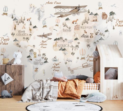 papiers peints adhesif panoramic map monde animaux chmbre d'enfant removable murale beige marron blanc