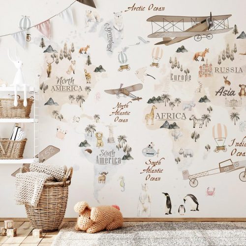 papiers peints adhesif panoramic map monde animaux chmbre d'enfant removable murale beige marron blanc