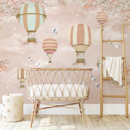 papiers peints ballon floral beige rose retro décoration chambre enfant bebe fille murale aquarelle removable pre pasted auto adhesif