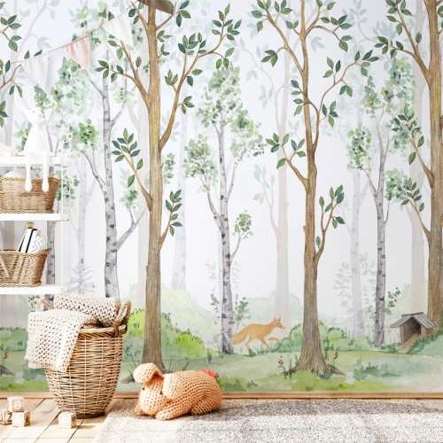 papiers peints adhesif panoramic forêt d'été magique arbres removable murale beige maron blanc vert chambre enfant bebe