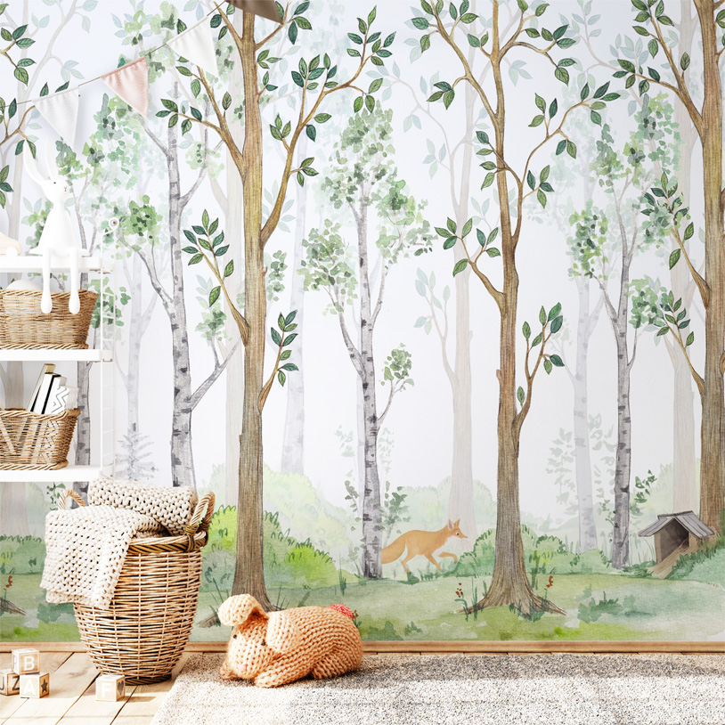 papiers peints adhesif panoramic forêt d'été magique arbres removable murale beige maron blanc vert chambre enfant bebe
