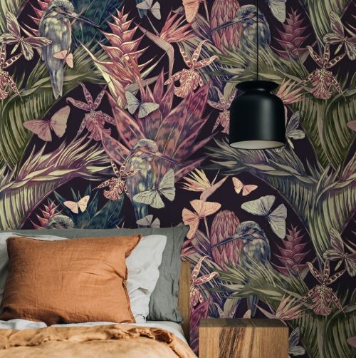 papiers peints botanique floral papillin plantes plantes oiseau vert noir nature adhesif mural design chambre decoration bureau salon