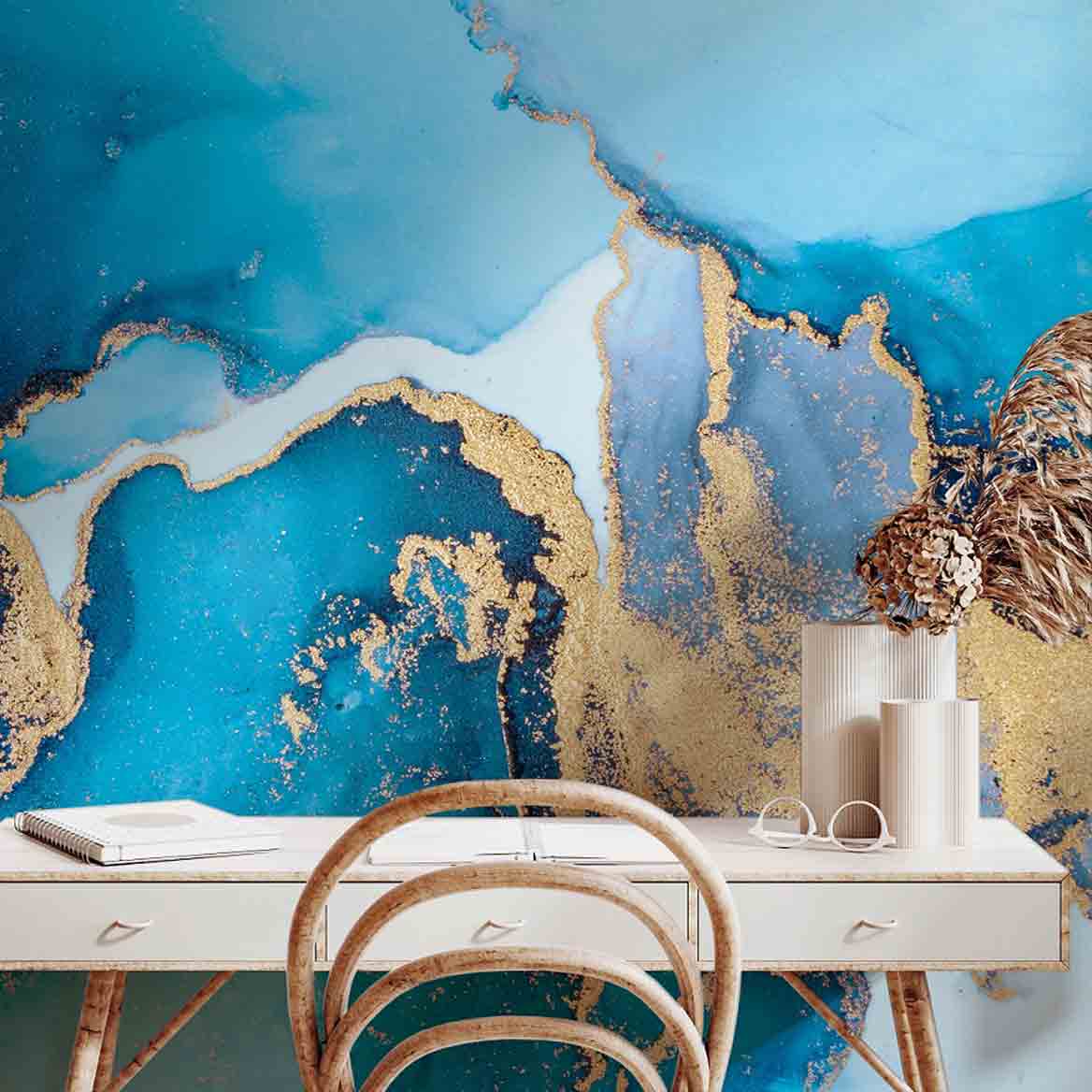 papier peint adhesif marbre bleu beige doree abstraction sur mesure personnalisable tendance tapisserie murale chambre salon bureau cuisine décoration oliprint
