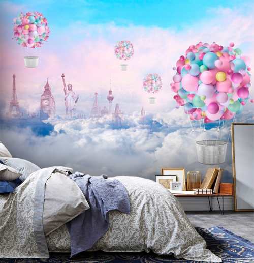papiers peints montgolfière ballon new york statue liberte paris nuages blanc bleu rose nuage ville chambre enfant bebe murale removable sale pre pasted auto adhesif