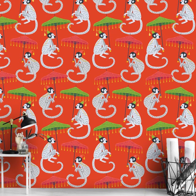 papiers peints adhesif tropicale singe parasol personnalisable animaux tapisserie orange rouge murale décor oliprint
