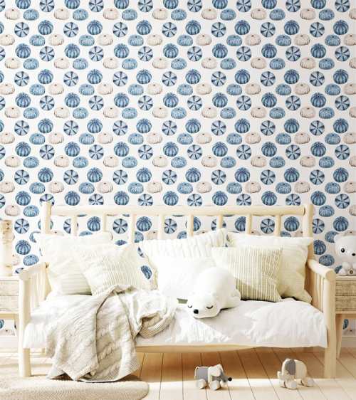 papiers peints nautique marin motif oursin coquille coquillage bleu beige auto adhesif decor chambre enfant
