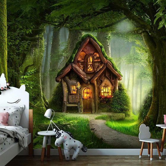 papiers peints adhesif panoramic foret magique maison elf bois chambre d'enfant removable murale vert