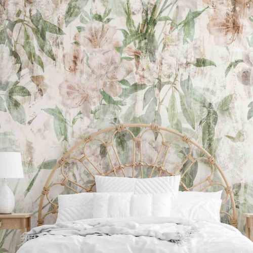papier peint panoramique floral retro fleur tendance botanique papiers peints auto adhésif vert beige oliprint décoration