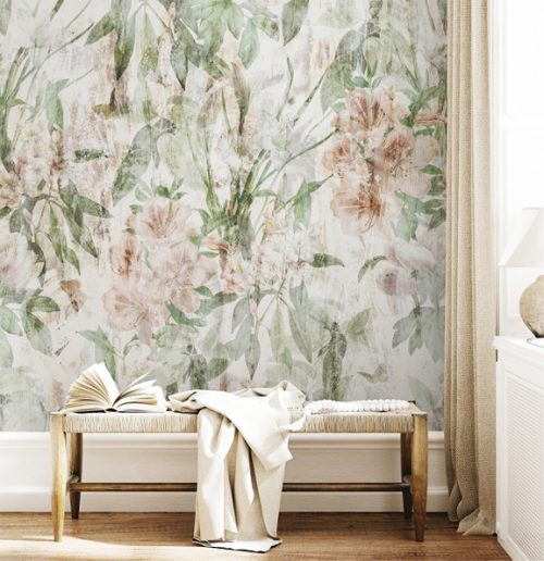papier peint panoramique floral retro fleur tendance botanique papiers peints auto adhésif vert beige oliprint décoration