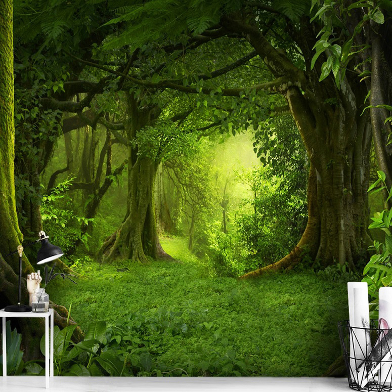 papiers peints auto adhesif panoramique foret magique enchantee cachee nature bois chambre d'enfant salon removable murale vert