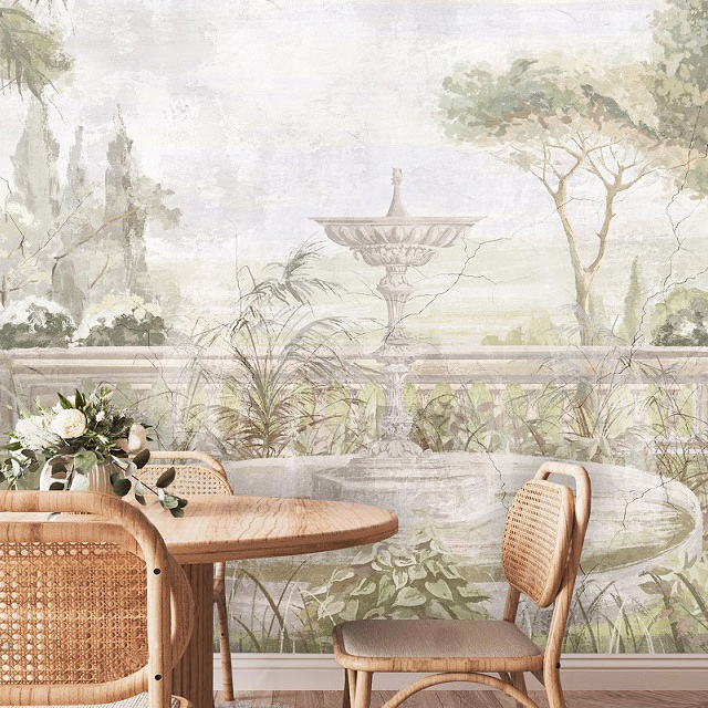 papiers peints panoramique retro jardin antique paysage murale adhesif design beige vert chambre salon bureau