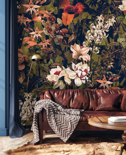 papiers peints botanique floral plantes plantes orange vert noir nature adhesif mural design chambre decoration bureau salon