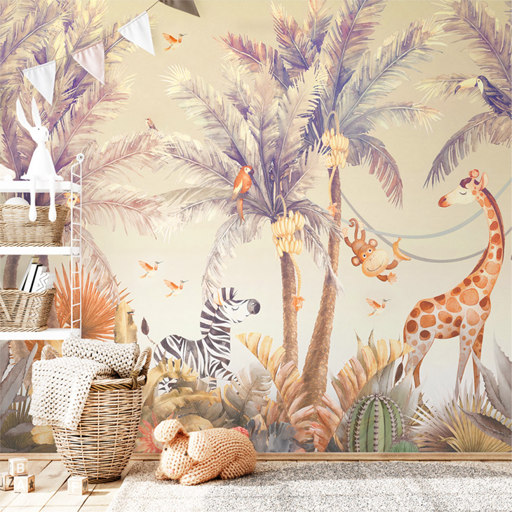 papiers peints tropicale giraff singe animaux beige marron decoration chambre enfant bebe murale aquarelle removable sale pre pasted auto adhesif