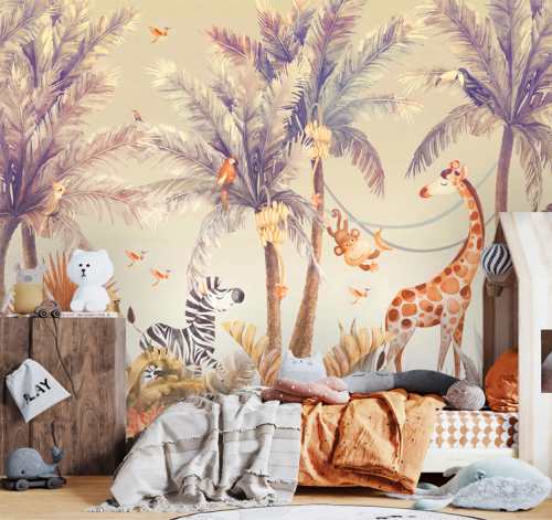 papiers peints tropicale giraff singe animaux beige marron decoration chambre enfant bebe murale aquarelle removable sale pre pasted auto adhesif