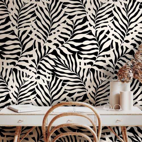 papiers peints scandinavian botanique feuillage graphique blanc noir adhesif design chambre decoration design