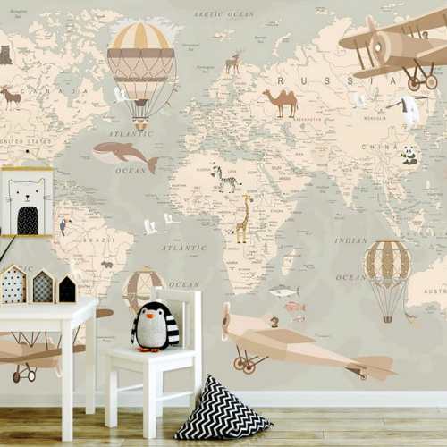 papiers peints adhesif panoramic map monde animaux chambre d'enfant bebe removable murale beige marron decoration