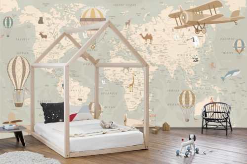 papiers peints adhesif panoramic map monde animaux chambre d'enfant bebe removable murale beige marron decoration