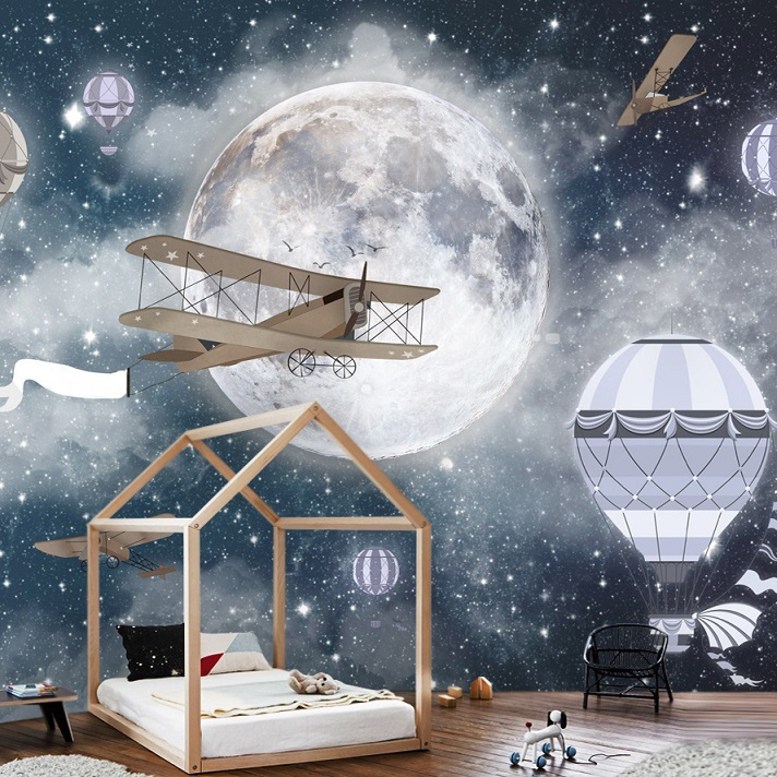 papiers peints panoramique ciel avoin nocturne nuit montgolfière nuages etoile nature enfant murale bleu blanc adhesif decoration chambre bebe enfant salon